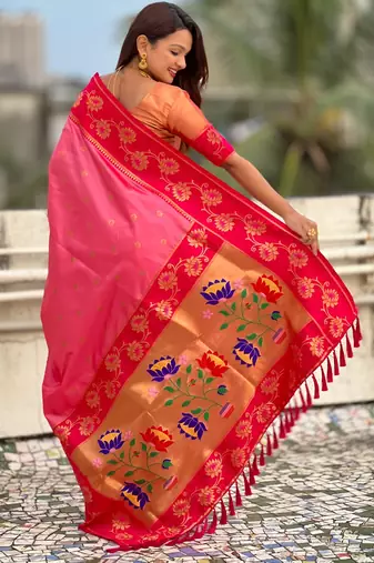 pink zari woven silk saree with peach blouse piece