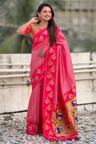 pink zari woven silk saree with peach blouse piece