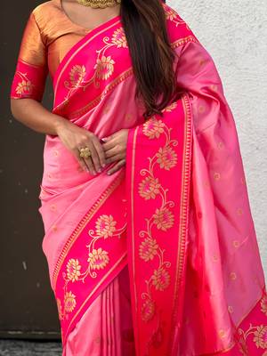 pink zari woven silk saree with peach blouse piece 4
