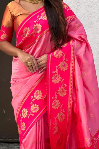 pink zari woven silk saree with peach blouse piece