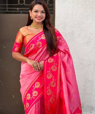 pink zari woven silk saree with peach blouse piece 5
