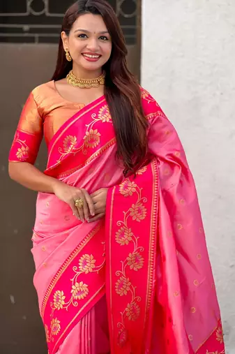 pink zari woven silk saree with peach blouse piece