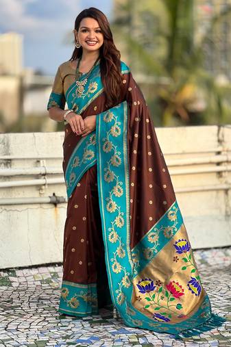 Brown soft silk zari weaving saree with contrast blouse piece