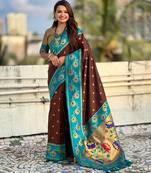 brown zari woven silk saree with gold blouse piece