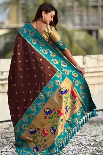 brown zari woven silk saree with gold blouse piece