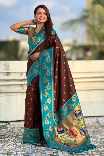 brown zari woven silk saree with gold blouse piece