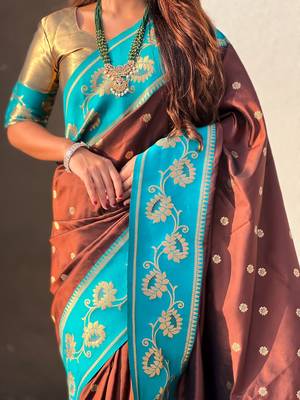 brown zari woven silk saree with gold blouse piece 4
