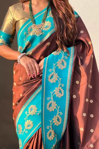 brown zari woven silk saree with gold blouse piece