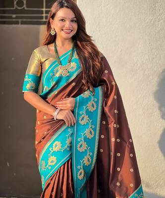 brown zari woven silk saree with gold blouse piece 5
