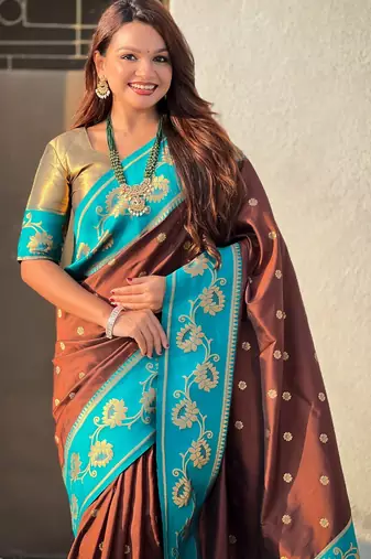 brown zari woven silk saree with gold blouse piece