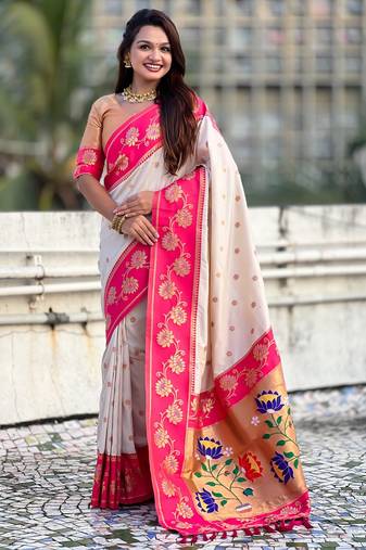 White soft silk zari weaving saree with contrast blouse piece