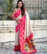 white zari woven silk saree with gold blouse piece