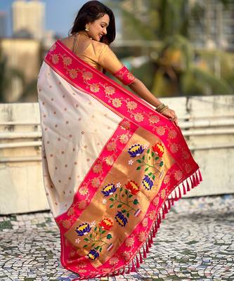 white zari woven silk saree with gold blouse piece 2