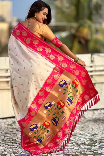 white zari woven silk saree with gold blouse piece