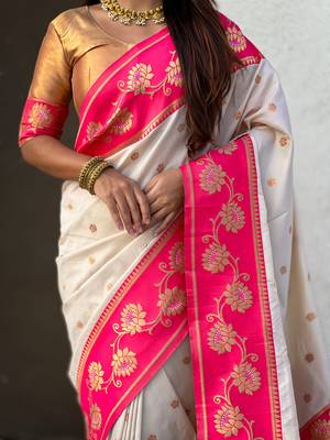 white zari woven silk saree with gold blouse piece 4