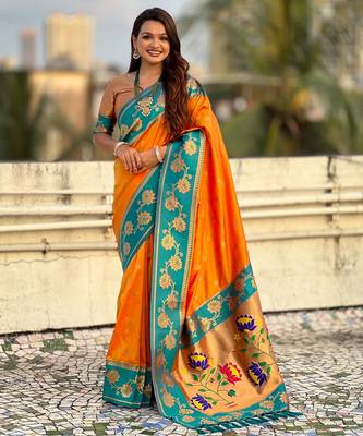 orange soft silk zari woven saree with contrast blouse 1