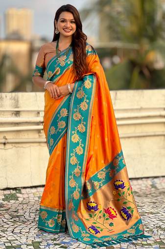 orange soft silk zari woven saree with contrast blouse