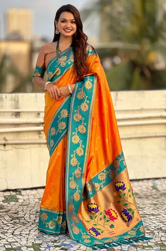 Orange soft silk zari weaving saree with contrast blouse piece