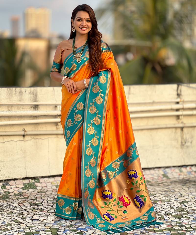 Orange soft silk zari weaving saree with contrast blouse piece