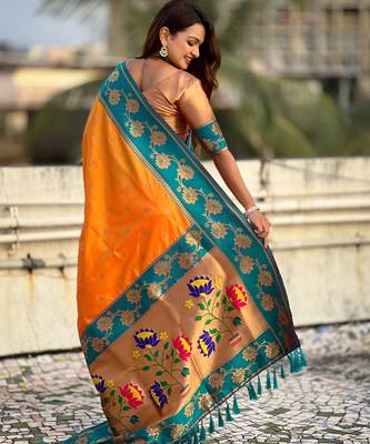 orange soft silk zari woven saree with contrast blouse 2