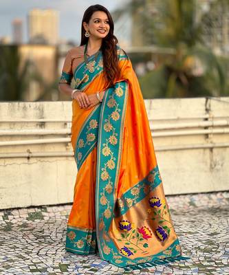 orange soft silk zari woven saree with contrast blouse 3