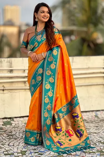 orange soft silk zari woven saree with contrast blouse