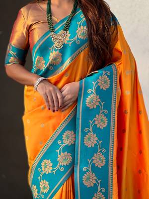 orange soft silk zari woven saree with contrast blouse 4