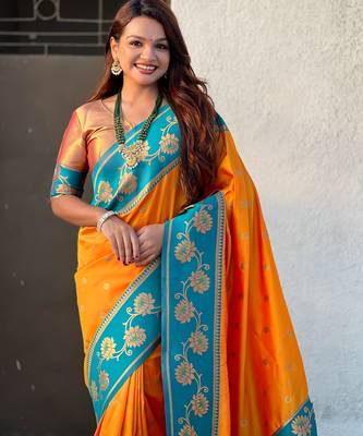 orange soft silk zari woven saree with contrast blouse 5