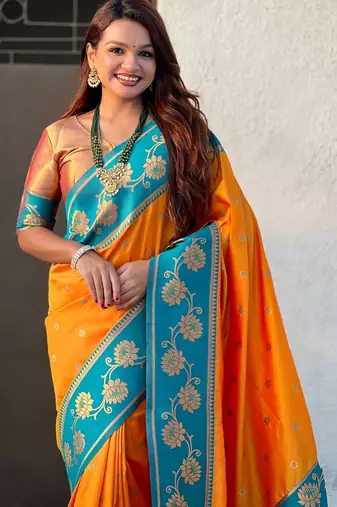 orange soft silk zari woven saree with contrast blouse