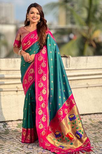 teal soft silk zari woven saree with contrast blouse