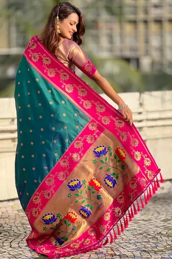 teal soft silk zari woven saree with contrast blouse