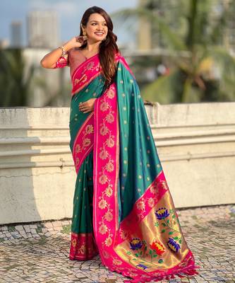 teal soft silk zari woven saree with contrast blouse 3
