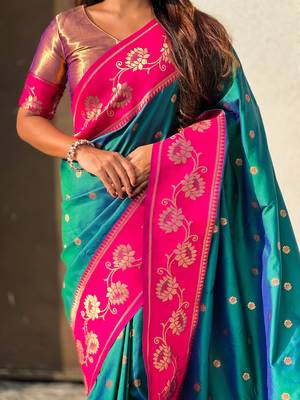 teal soft silk zari woven saree with contrast blouse 4
