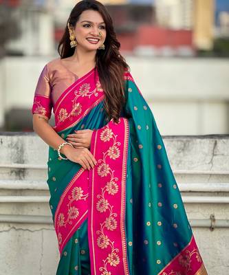 teal soft silk zari woven saree with contrast blouse 5