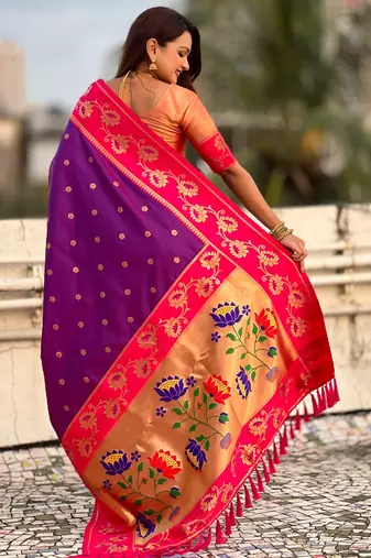 magenta soft silk zari woven saree with contrast blouse