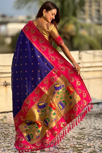 blue soft silk zari woven saree with contrast blouse