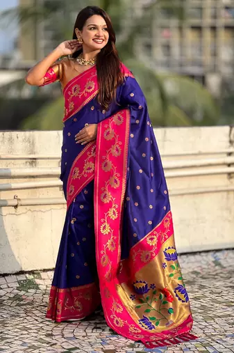 blue soft silk zari woven saree with contrast blouse