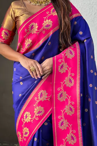blue soft silk zari woven saree with contrast blouse