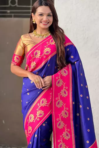 blue soft silk zari woven saree with contrast blouse