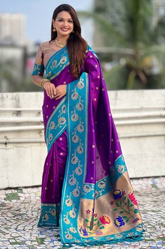 Purple soft silk zari weaving saree with contrast blouse piece