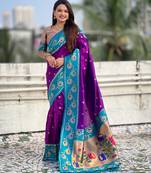 purple soft silk zari woven saree with contrast blouse