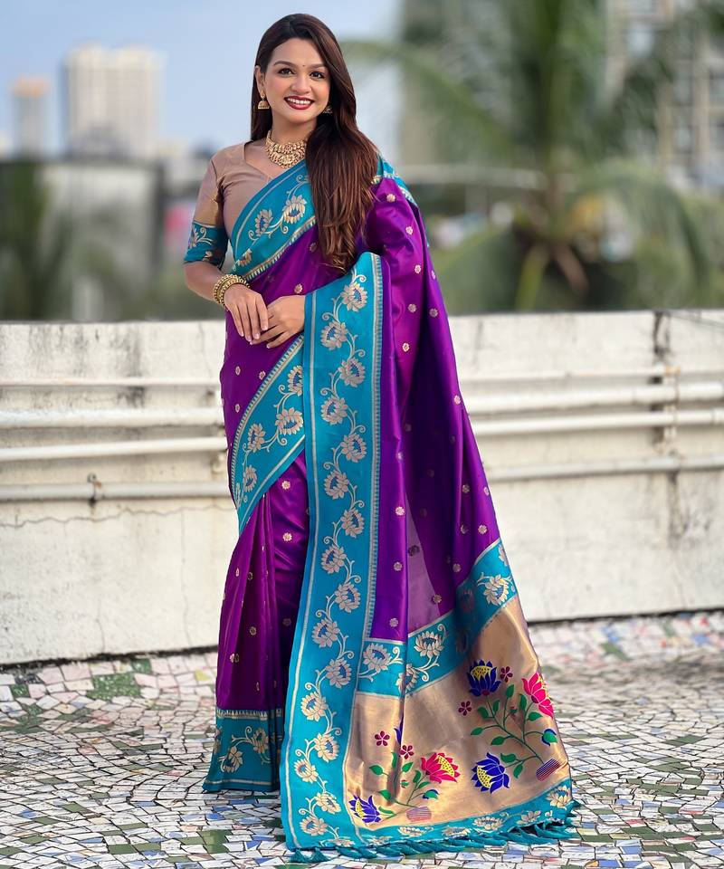 Purple soft silk zari weaving saree with contrast blouse piece