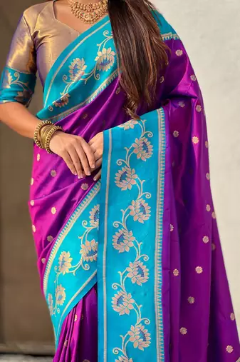 purple soft silk zari woven saree with contrast blouse