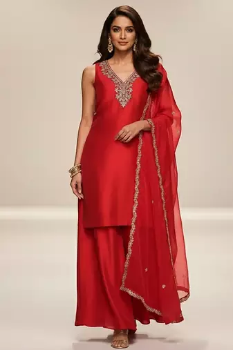 Red embroidered modal silk kurta set