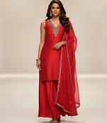 Red embroidered modal silk kurta set