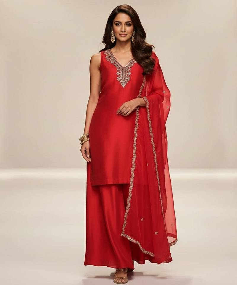 Red embroidered modal silk kurta set