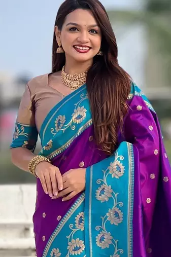 purple soft silk zari woven saree with contrast blouse