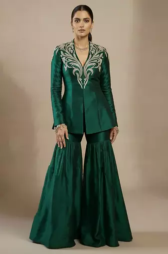 Green embroidered raw silk indo western sharara set