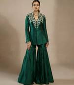 Green embroidered raw silk indo western sharara set