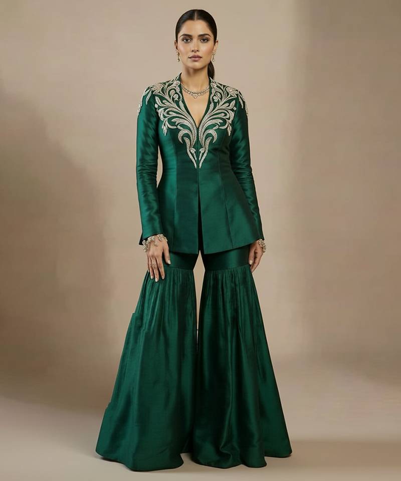 Green embroidered raw silk indo western sharara set